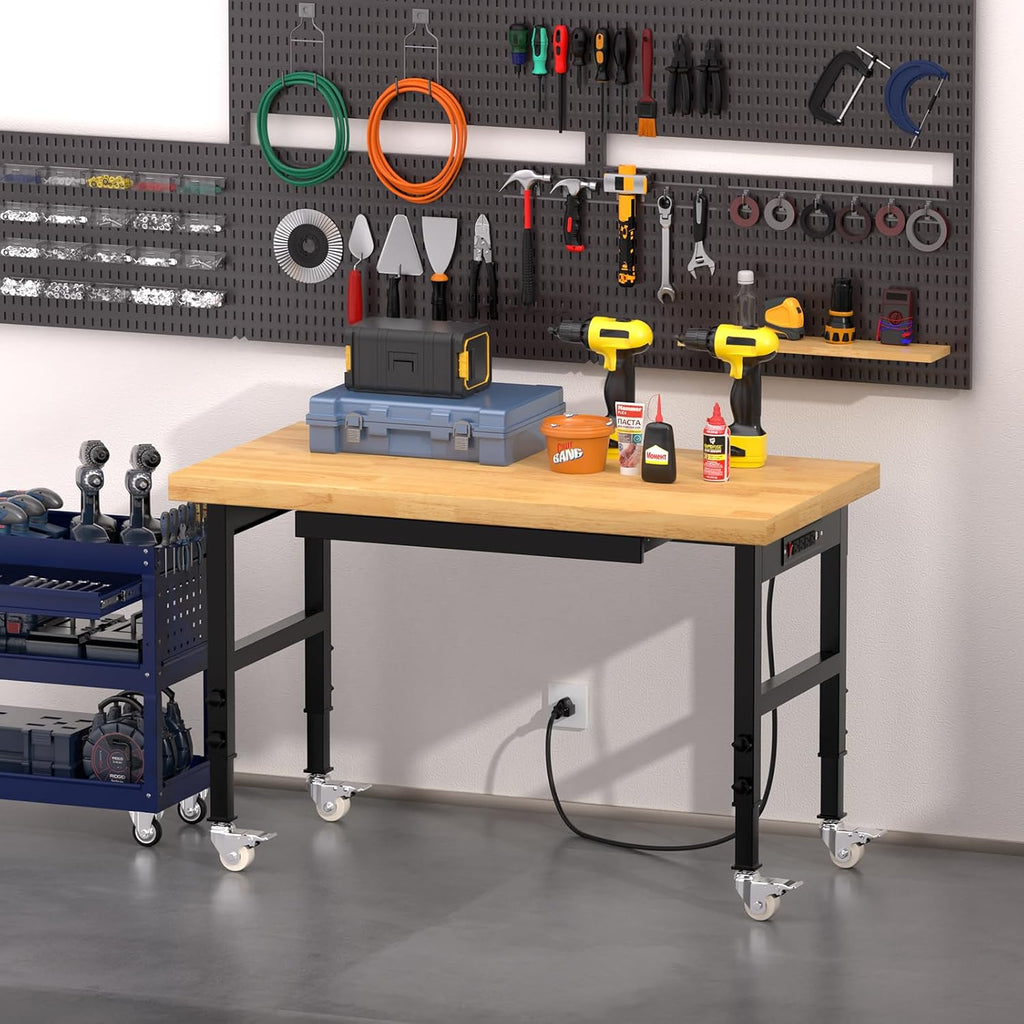 48' Heavy-Duty Solid Wood Work Bench with Drawers, Adjustable Height Workbench with Wheels, 2000 LBS Capacity Work Table with Power Outlets for Garage, Workshop(48' X 24')