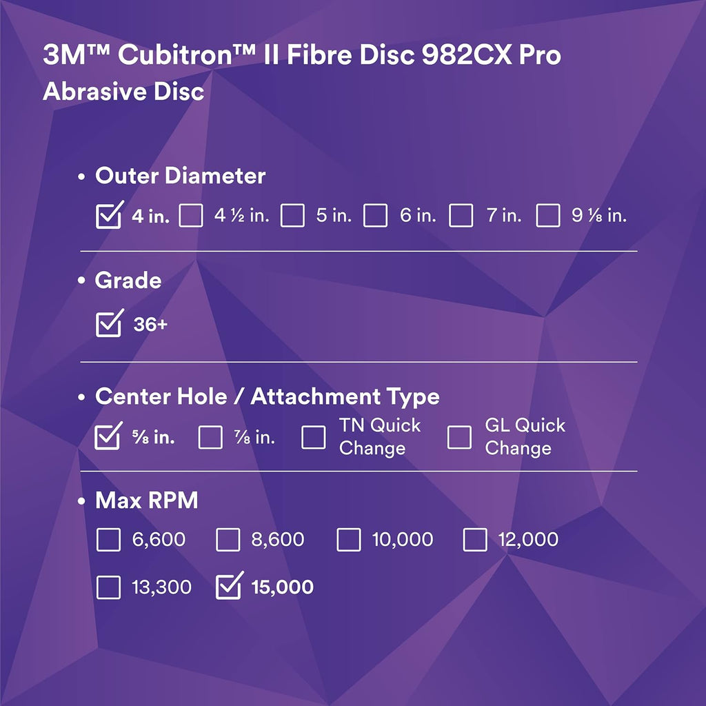 3M Cubitron II Fibre Disc 982CX Pro, 36+, 4 in x 5/8 in, Die 400FF, Pack of 25, Improved Productivity, Longer Cut Rates, Designed for Heavy Metal Removal, Excels in Carbon Steel Applications