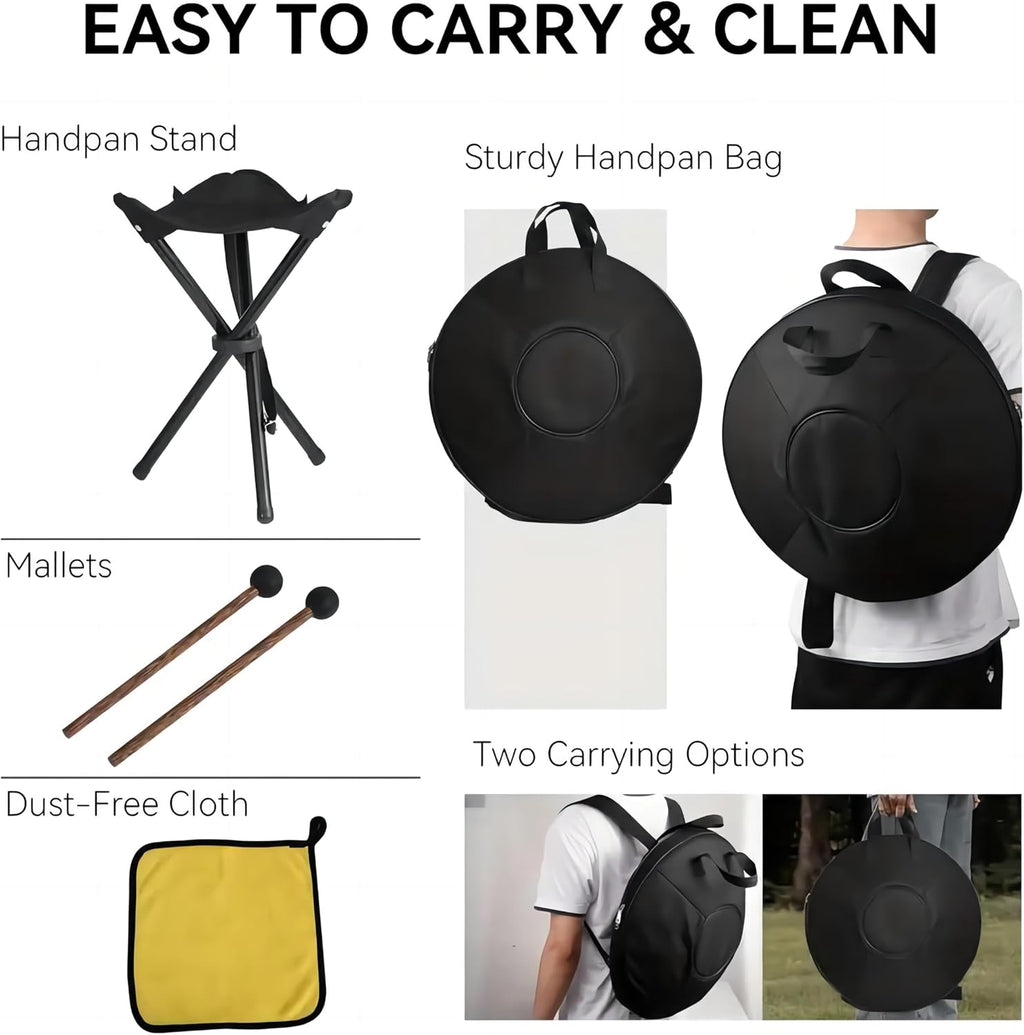 YAYUZEST Advanced Adult Handpan, 22-Inch 10-Note 440Hz D Minor Kurd Steel Drum with Soft Bag, 2 Mallets, Stand and Dust-Free Cloth (Black)