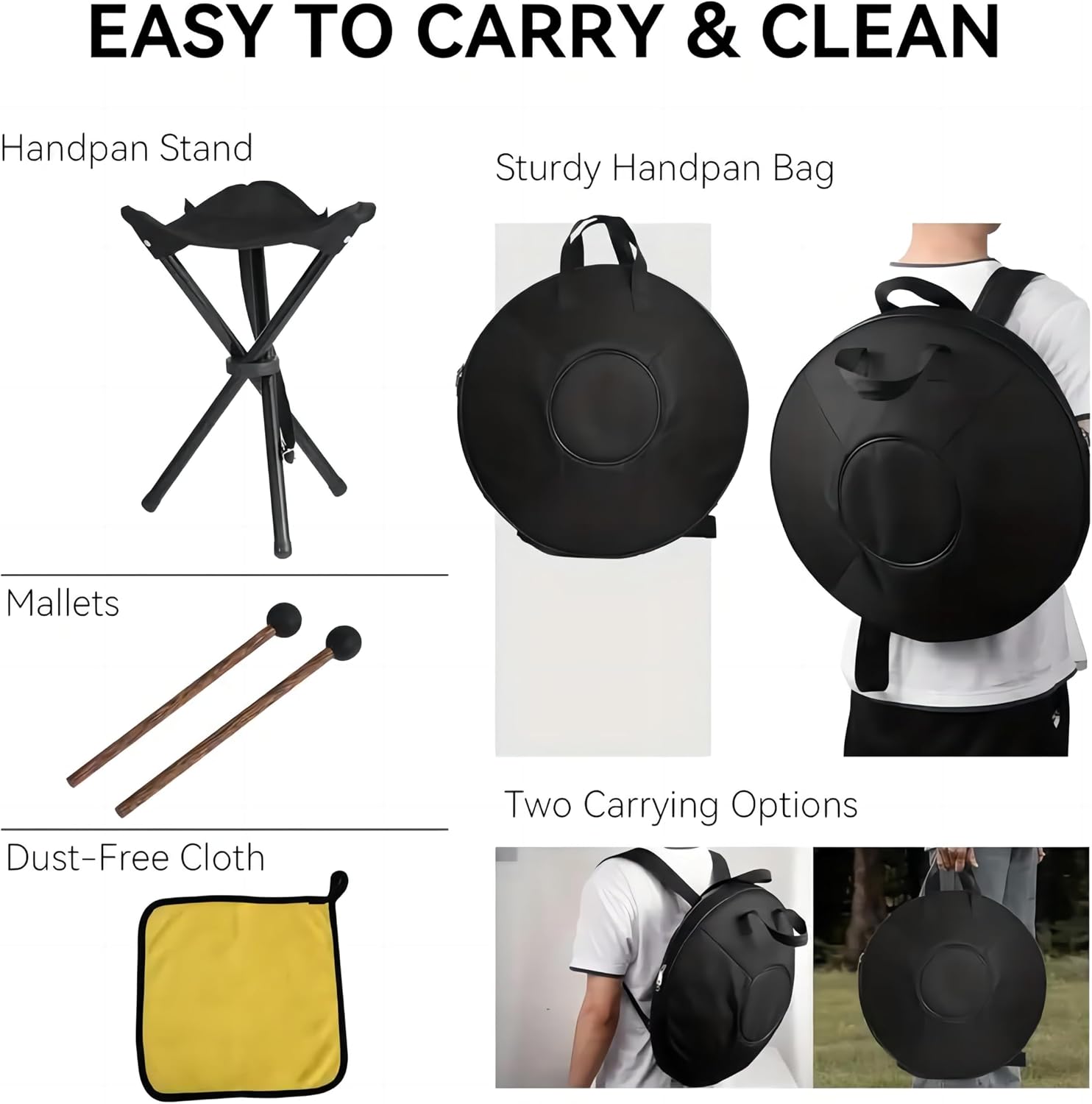 YAYUZEST Advanced Adult Handpan, 22-Inch 10-Note 440Hz D Minor Kurd Steel Drum with Soft Bag, 2 Mallets, Stand and Dust-Free Cloth (Black)
