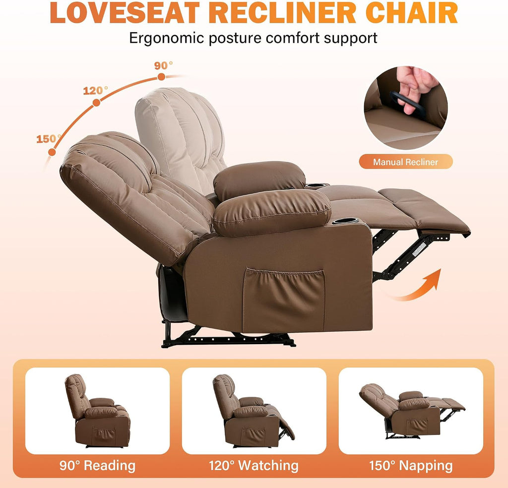 Brown Leather Loveseat Recliner with Massage/Heat, Oversized Recliner Couch & Reclining Loveseat with Cup Holders/Pillow, Manual Reclining Sofa For Living Room/Rv/Home Theater Seating (Brown)