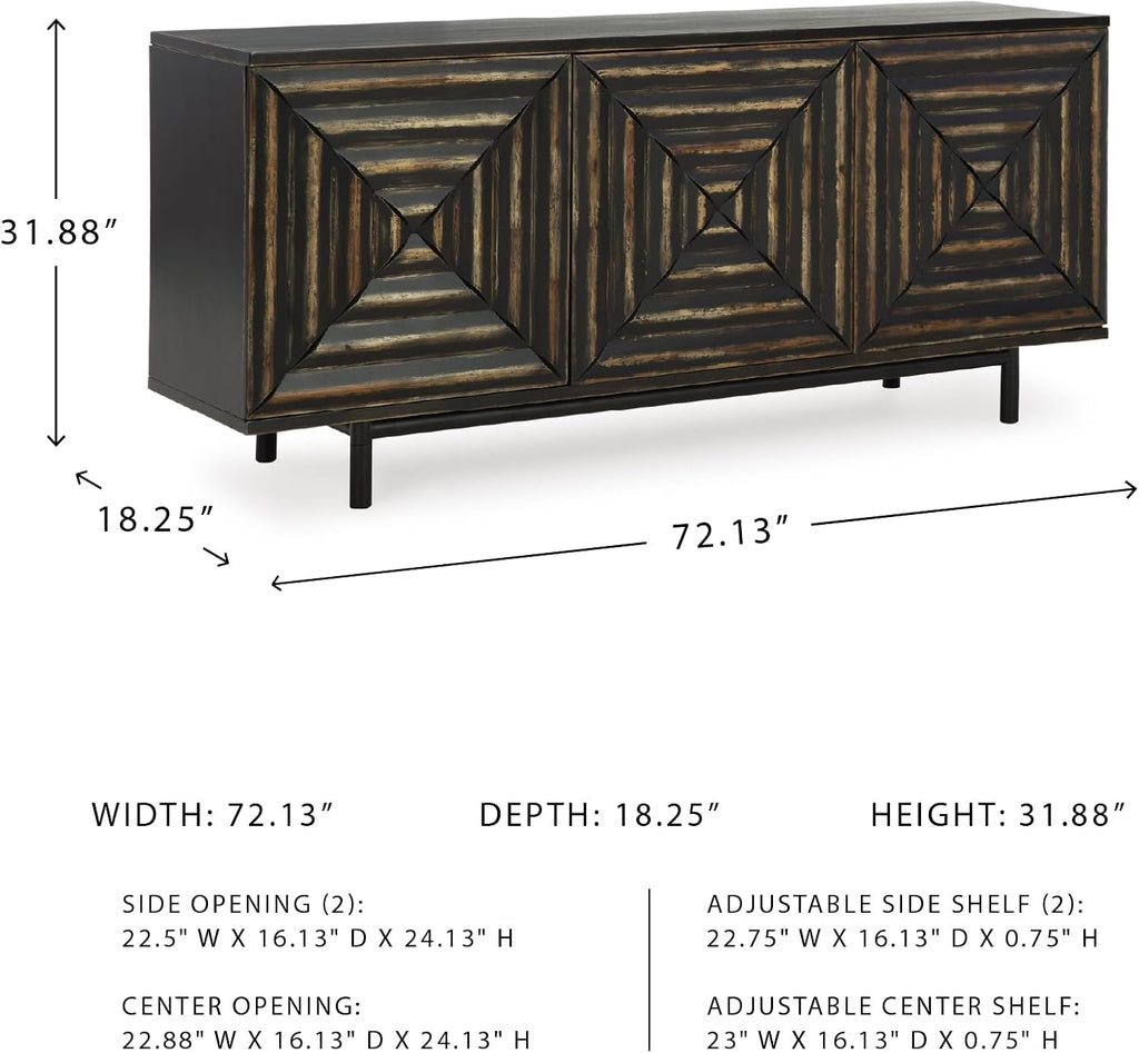 Signature Design by Ashley Fair Ridge Casual Square Patterned 3-Door Distressed Accent Cabinet with 3 Adjustable Shelves, Black & Dark Brown