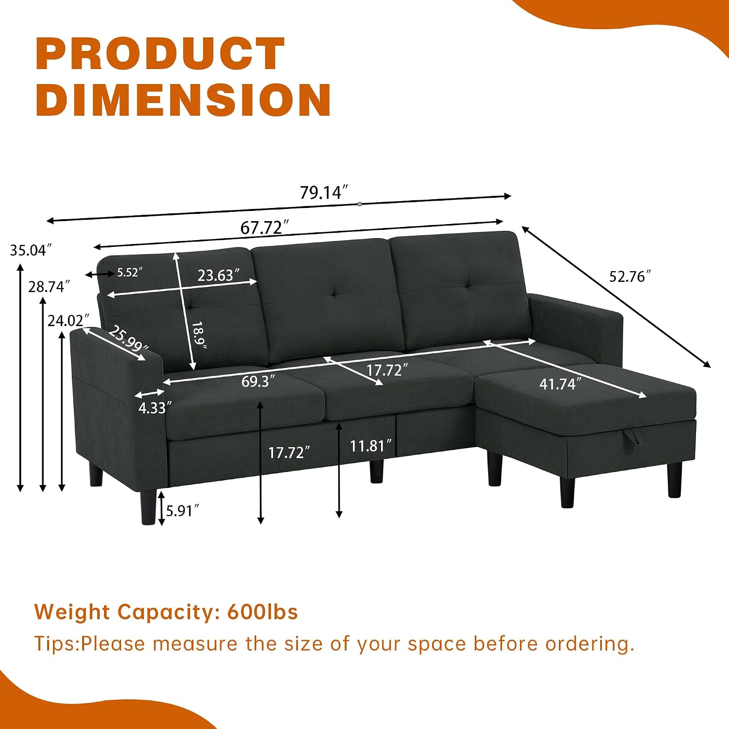 Sectional Sofa Couches for Living Room, L Shaped Couch 3-Seat Convertible Sectional Sofas with Removable Storage Ottoman, Modern Polyester Fabric (Black)