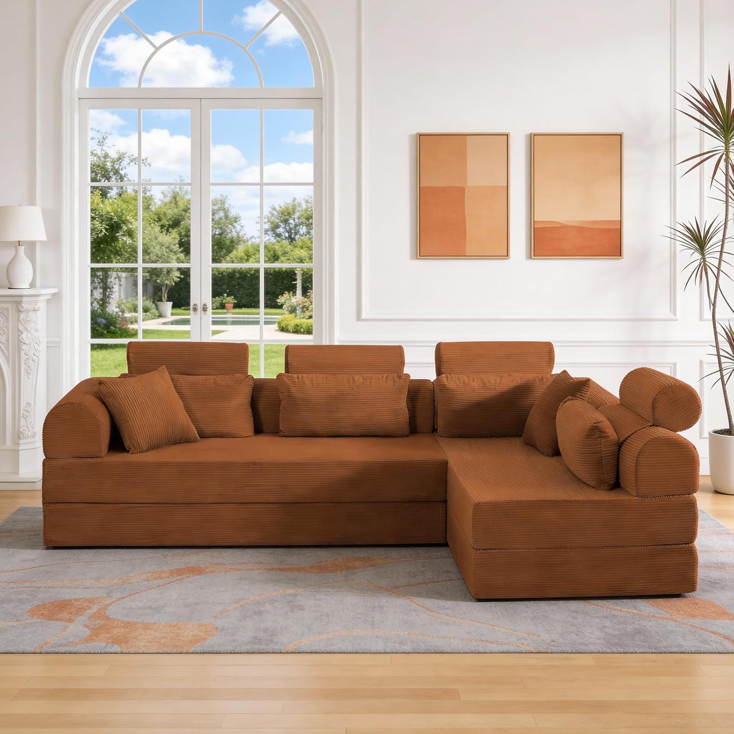 KEIKI 6-in-1 Folding Convertible High Back Sofa Sleeper, 106' Oversized Modular Sectional Corduroy Upholstered L Shape Couches for Living Room, Plush Comfort High-Density Foam for Studio Apartment