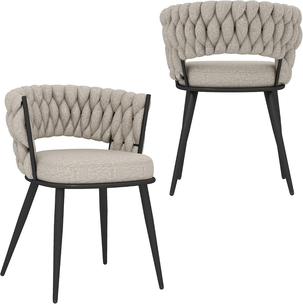KCC Fabric Dining Chairs Set of 2, Modern Dining Chair with Metal Legs, Woven Upholstered Dining Chairs for Dining Room, Kitchen, Vanity, Living Room (Beige)