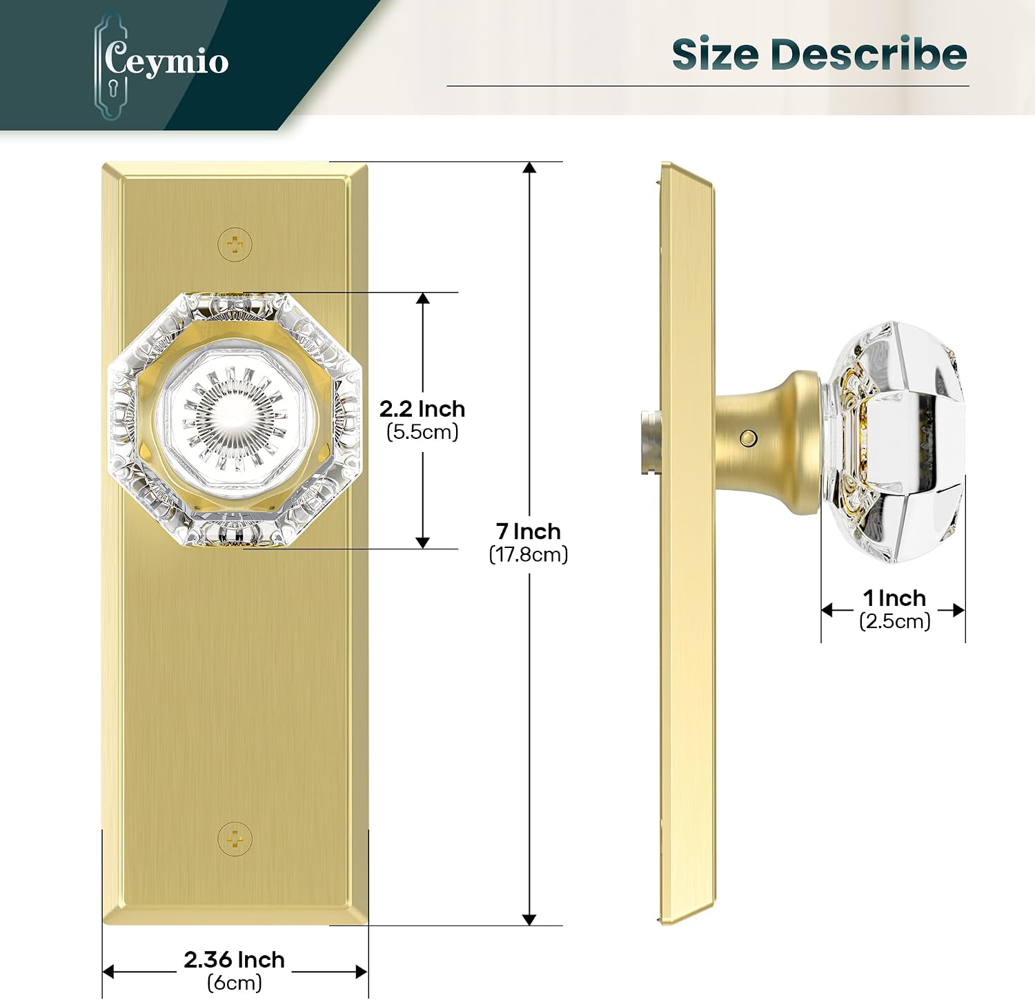 Glass Door Knobs with Single Cylinder Deadbolt Lock Set - Brushed Gold Crystal Passage Knob for Interior/Exterior Doors - Vintage Diamond Bedroom Bathroom Closet Handles