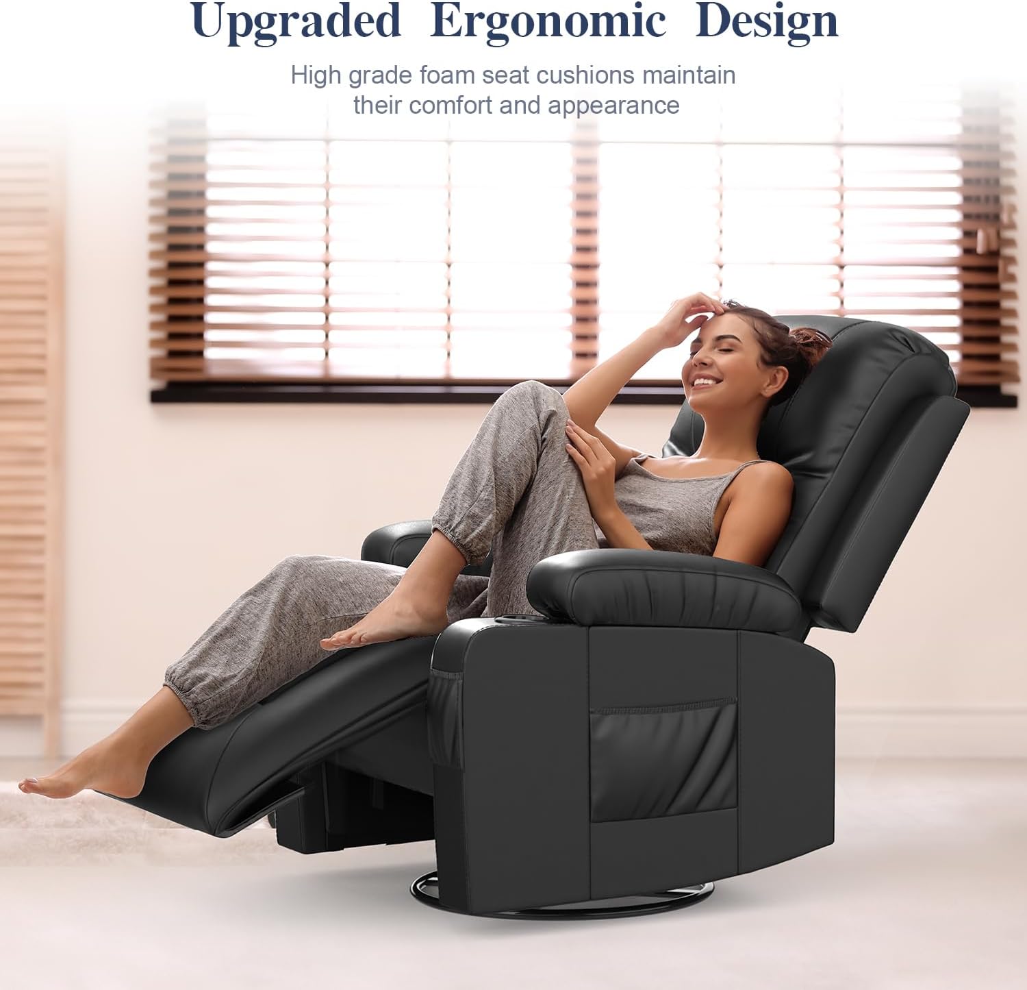 Recliner Chairs for Adults, FSC Certified Massage Reclining Chair with Heated Modern, Ergonomic Lounge Single Reclining Sofa Seat with Cup Holder & Pocket, Living Room Lounge Recliners Black