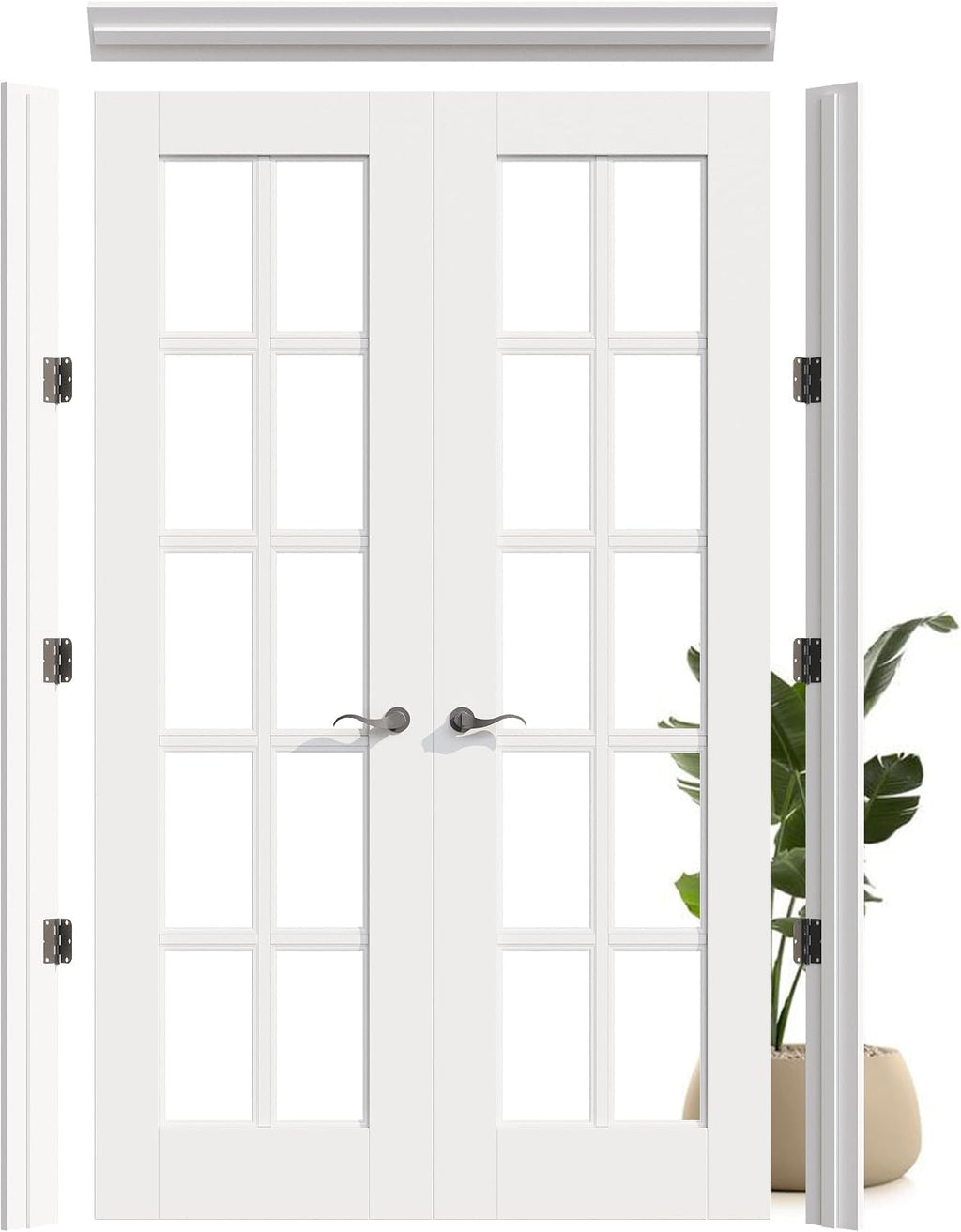 Prehung French Door 56' x 80' (2x28 in), 10-Lite Tempered Clear Glass Door Slabs with Jamb, Black Hinges, 4 Levers & Latch, Solid Core Interior Door, Pre-Finished & Paintable,Double Doors Interior