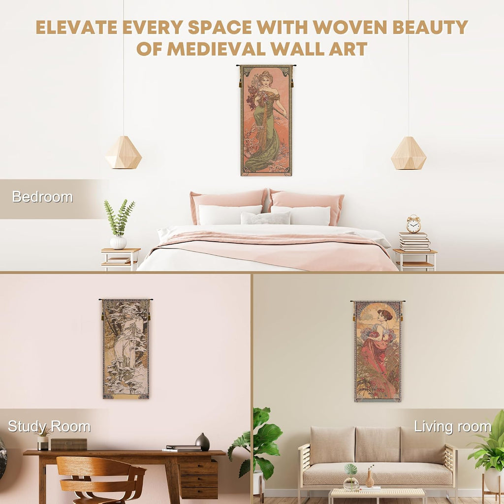 Charlotte Home Furnishings Inc - Mucha Summer Belgian Premium Tapestry Wall Hanging | 39x18 in Viscose Polyester Blend Boho Vintage Woven Wall Tapestry for Home & Wall Art by Alphonse Mucha