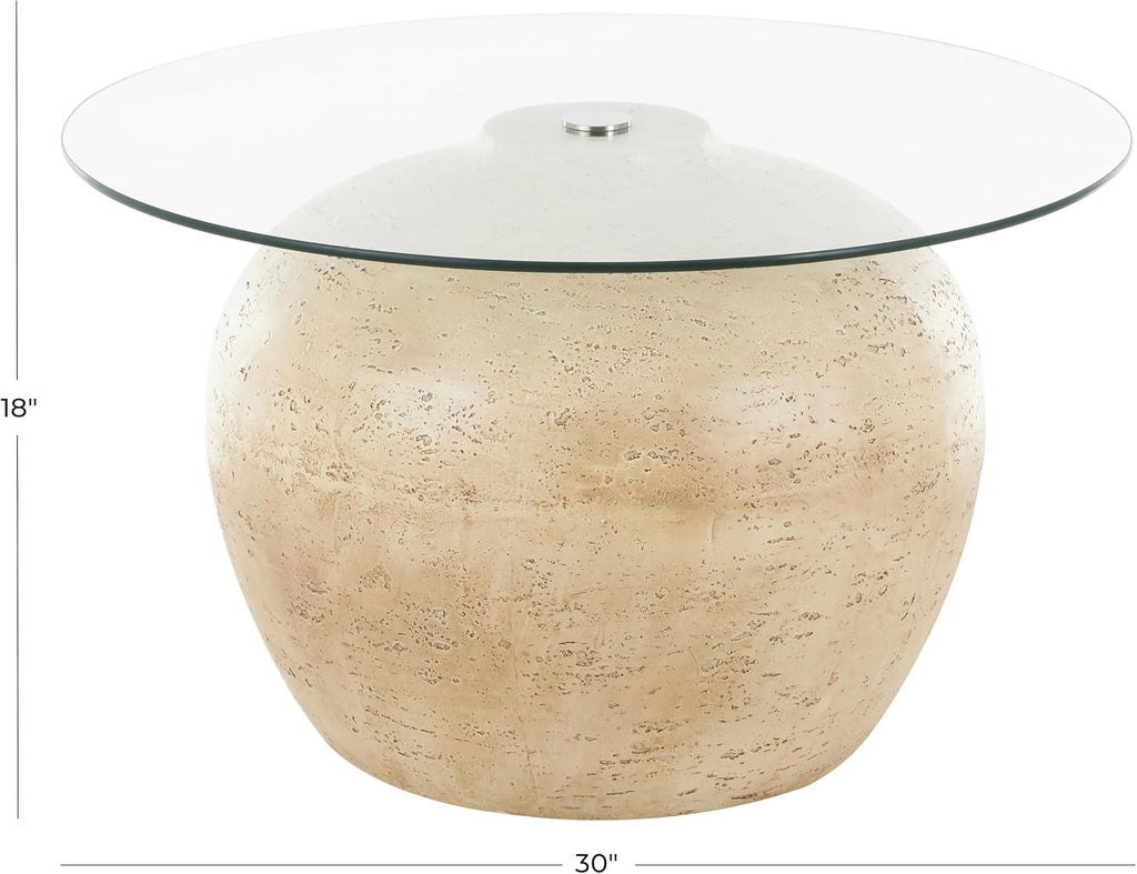 Deco 79 Resin Living Room Coffee Table Wide Table with Glass Tabletop, Center Table 30' x 30' x 18', Beige