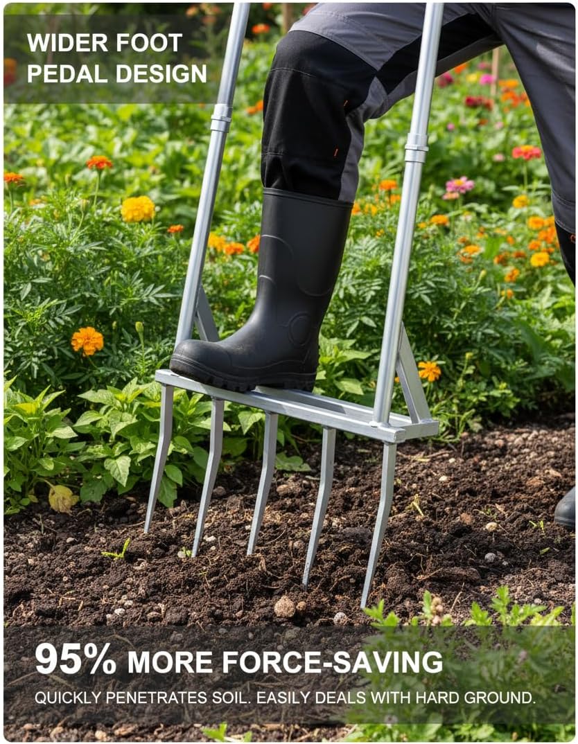 56 Inch 5-Tine Heavy Duty Broadfork, Rust-Resistant Professional Garden Fork with Widened Foot Pedal, High-Strength All-Steel Soil Tiller for Aerating Clay Soil for Farming