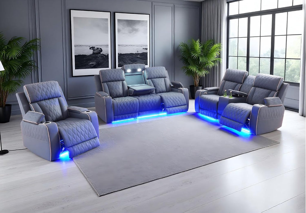 Living Room Furniture Sets, 3PCS Power Recliner Sofa, Bluish Grey Sanded Leather Power Reclining Sofa Set with 5 Recliner Seats, Storage Console and Drop-Down Table Cup Holderfor Living Room