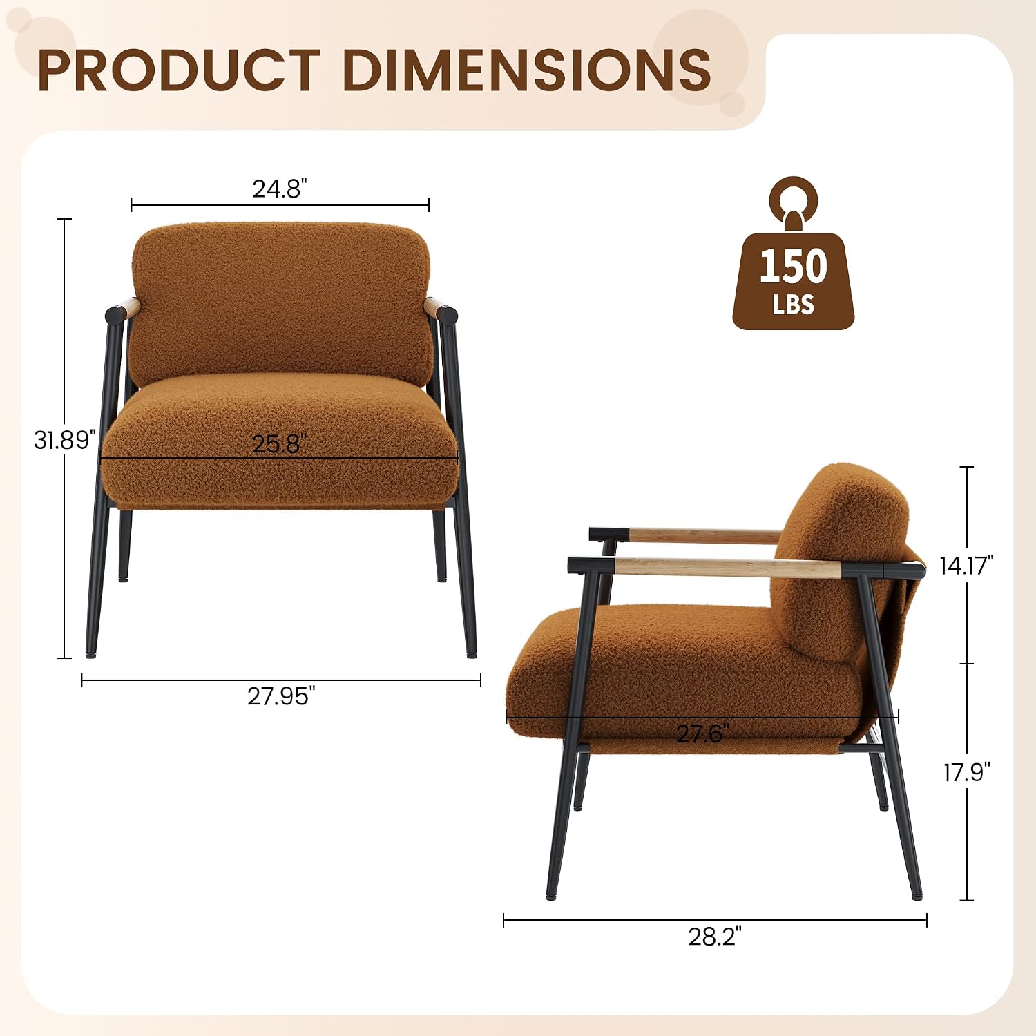 GarveeHome Brown Comfy Chair Set of 2, Modern Accent Chair with Metal Frame Wooden Armrest, Cozy Reading Chair with Soft Cushion for Bedroom, Living Room, Brown Set of 2