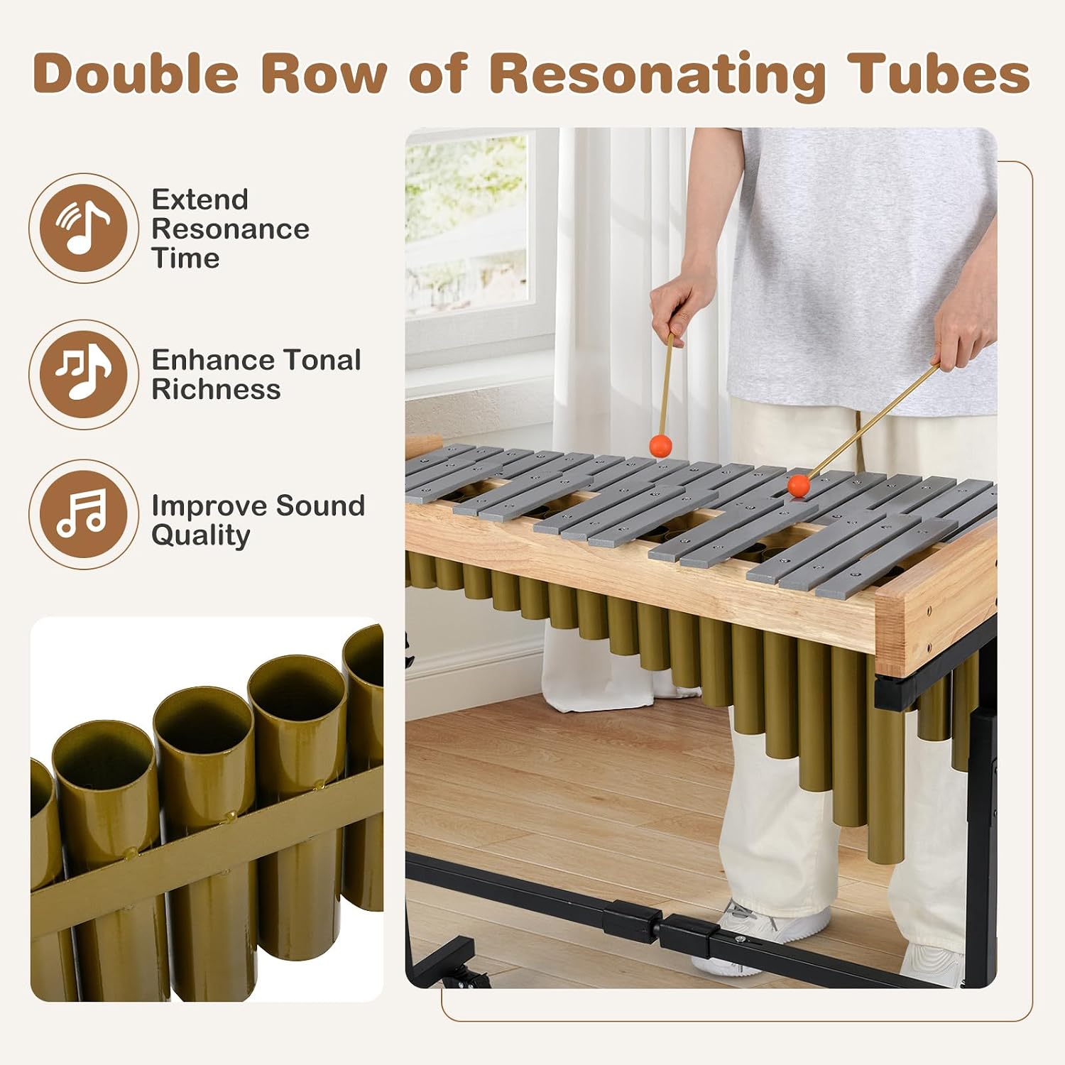 Costzon 32 Note Marimba, Aluminum Xylophone with Rubber Wood Base & Resonance Tubes, 32-Key Professional Glockenspiel with Mallets, Adjustable Stand & Lockable Wheels for Beginners, Students & Adults