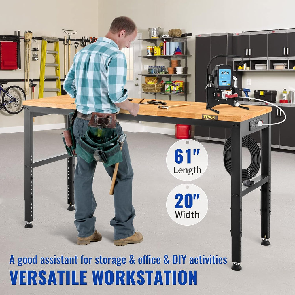 VEVOR 60' 2000LB Adjustable Workbench with Outlets & Bench Vise with 4.5' Jaw Width for Workshop Garage
