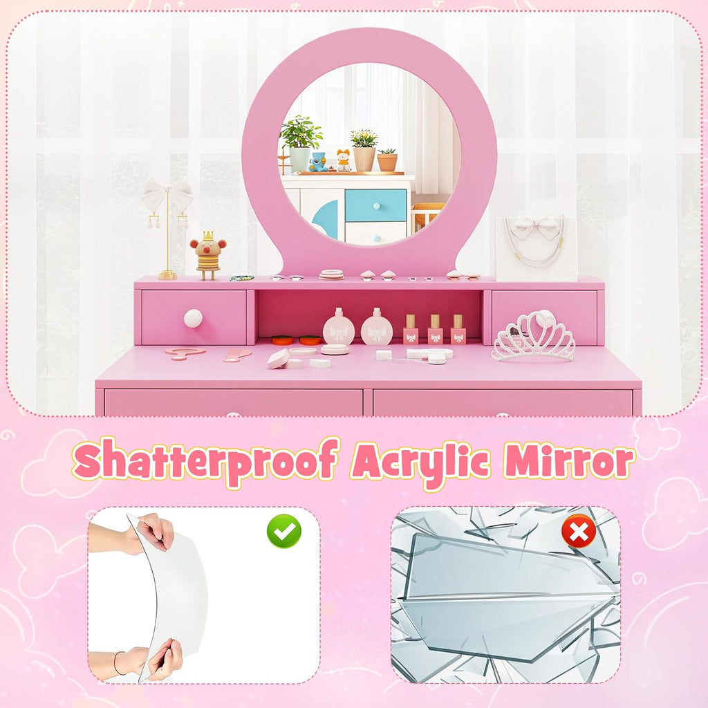 HONEY JOY Kids Vanity, Little Girls Vanity Set with Mirror and Stool, Drawers, Toddler Makeup Vanity Dressing Table, Wooden Pretend Play Kids Vanity Table and Chair Set (Pink)