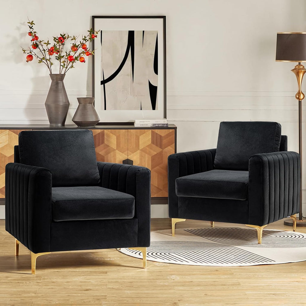HULALA HOME Velvet Accent Club Chairs Set of 2, Modern Velvet Armchair Upholstered Accent Club Chairs Sofa Chairs with Gold Metal Legs Mid-Century Barrel Leisure Comfy Reading Armchair, Black