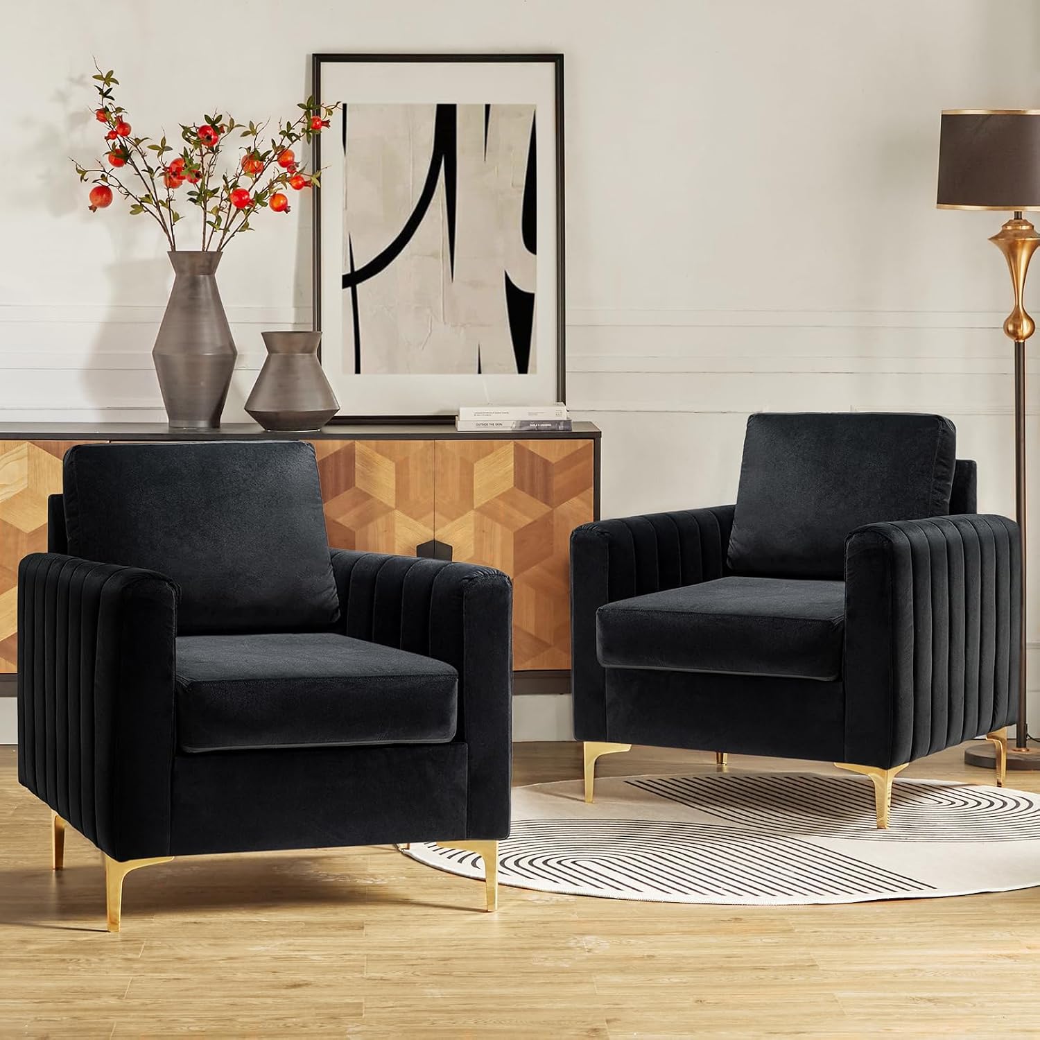HULALA HOME Velvet Accent Club Chairs Set of 2, Modern Velvet Armchair Upholstered Accent Club Chairs Sofa Chairs with Gold Metal Legs Mid-Century Barrel Leisure Comfy Reading Armchair, Black