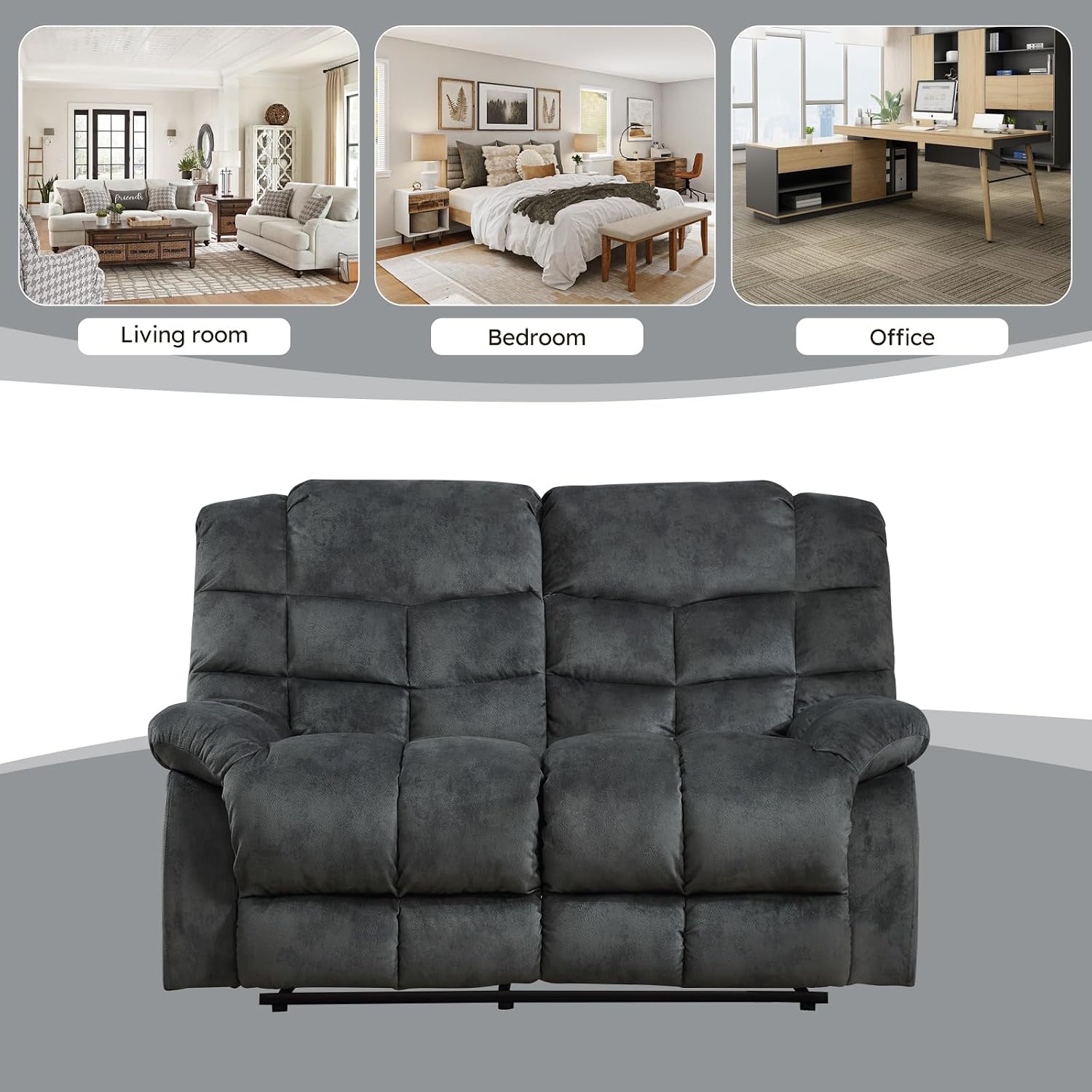 EBELLO Manual Recliner Couch Set, Soft Fabric Reclining Living Room Set, Included SinglAe Recliner Chair and Loveseat Sofa, Grey Green