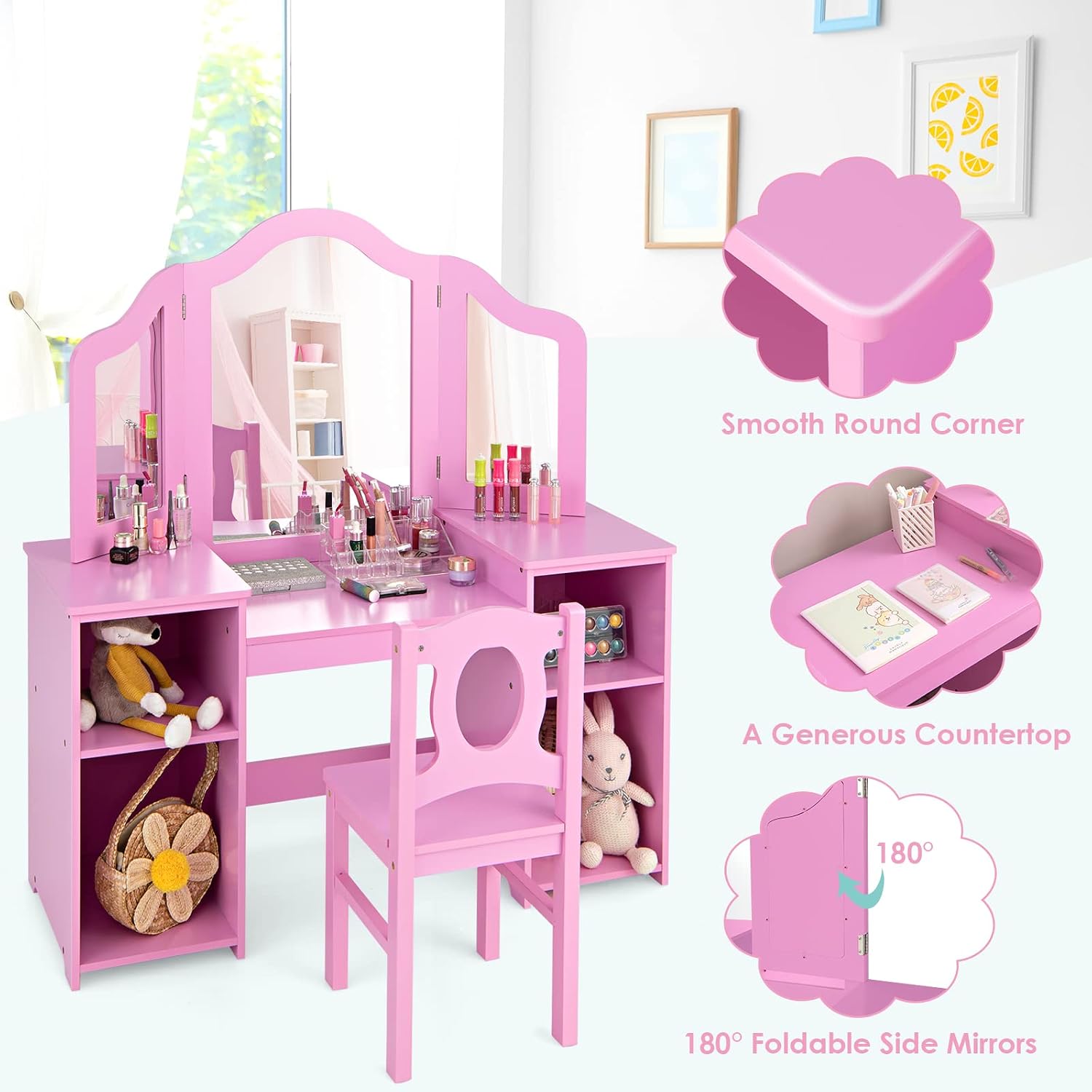 AKUSTIK Kids Vanity, 2 in 1 Pink Wooden Dressing Table and Chair Set for Toddlers with Tri-Folding Detachable Mirror, Storage Shelves, Pretend Princess Beauty Make Up Play Set for Little Girls