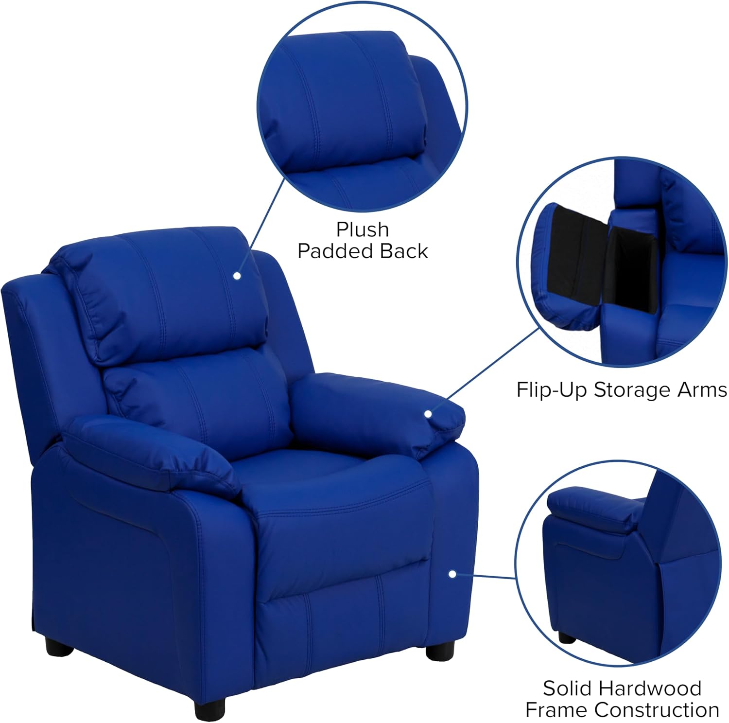 Flash Furniture Charlie Vinyl Kids Recliner with Flip-Up Storage Arms and Safety Recline, Contemporary Reclining Chair for Kids, Supports up to 90 lbs., Blue