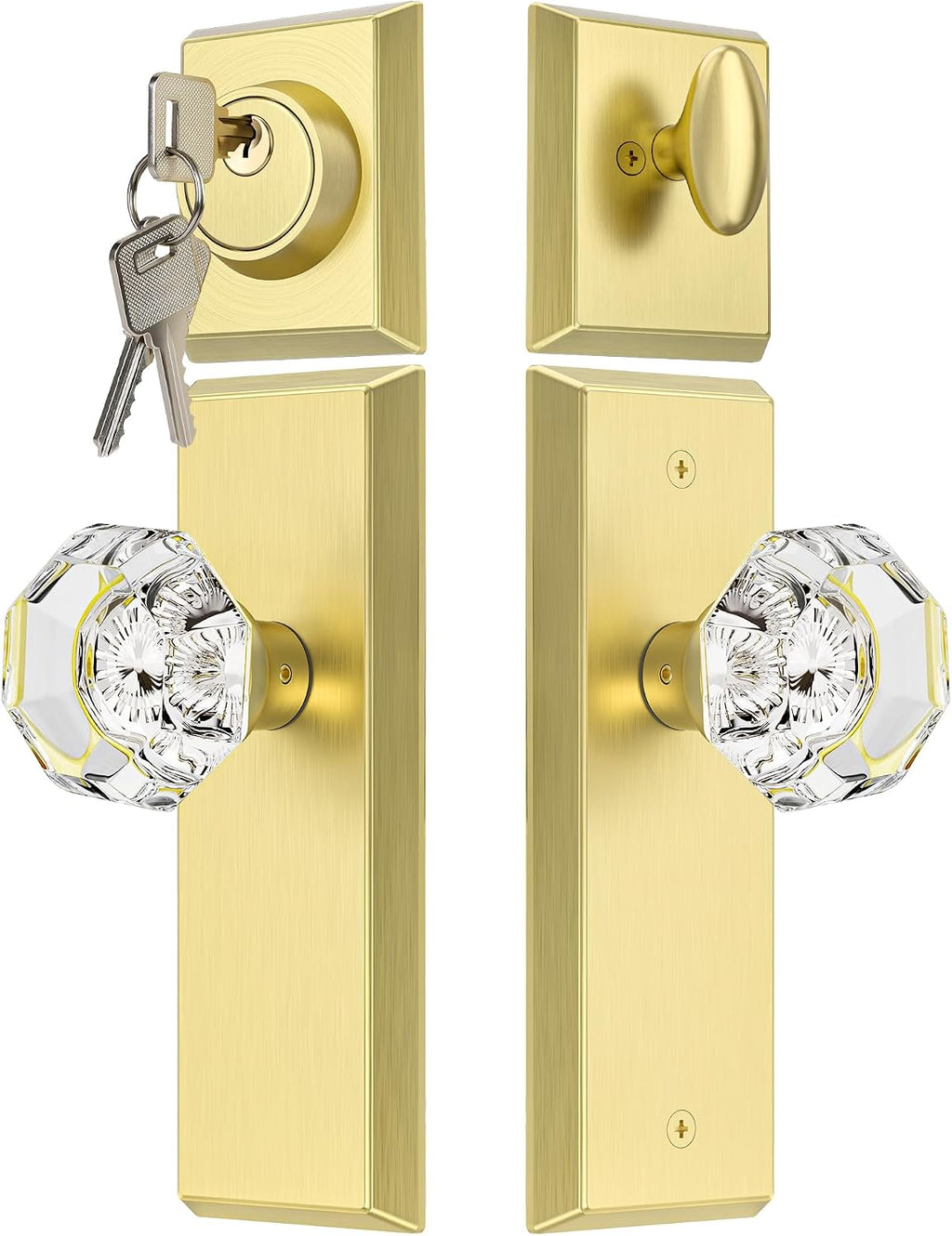 Glass Door Knobs with Single Cylinder Deadbolt Lock Set - Brushed Gold Crystal Passage Knob for Interior/Exterior Doors - Vintage Diamond Bedroom Bathroom Closet Handles