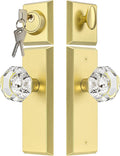 Glass Door Knobs with Single Cylinder Deadbolt Lock Set - Brushed Gold Crystal Passage Knob for Interior/Exterior Doors - Vintage Diamond Bedroom Bathroom Closet Handles