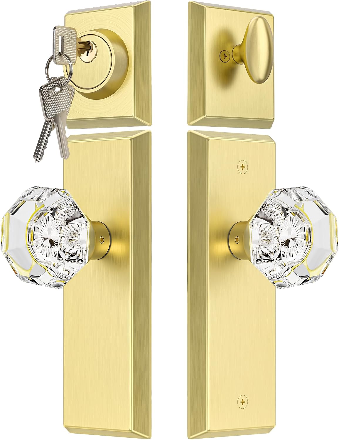 Glass Door Knobs with Single Cylinder Deadbolt Lock Set - Brushed Gold Crystal Passage Knob for Interior/Exterior Doors - Vintage Diamond Bedroom Bathroom Closet Handles
