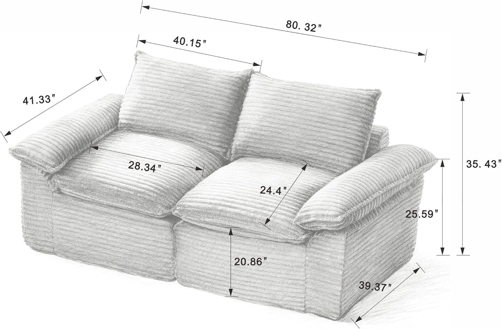 80-Inch Boneless Love Seat Couches in a Box, Modern 2 Seat Floor Modular Foam Cloud Sofa Corduroy Loveseat Couch W/Pillow-top Armrests for Home Apartments Bedroom