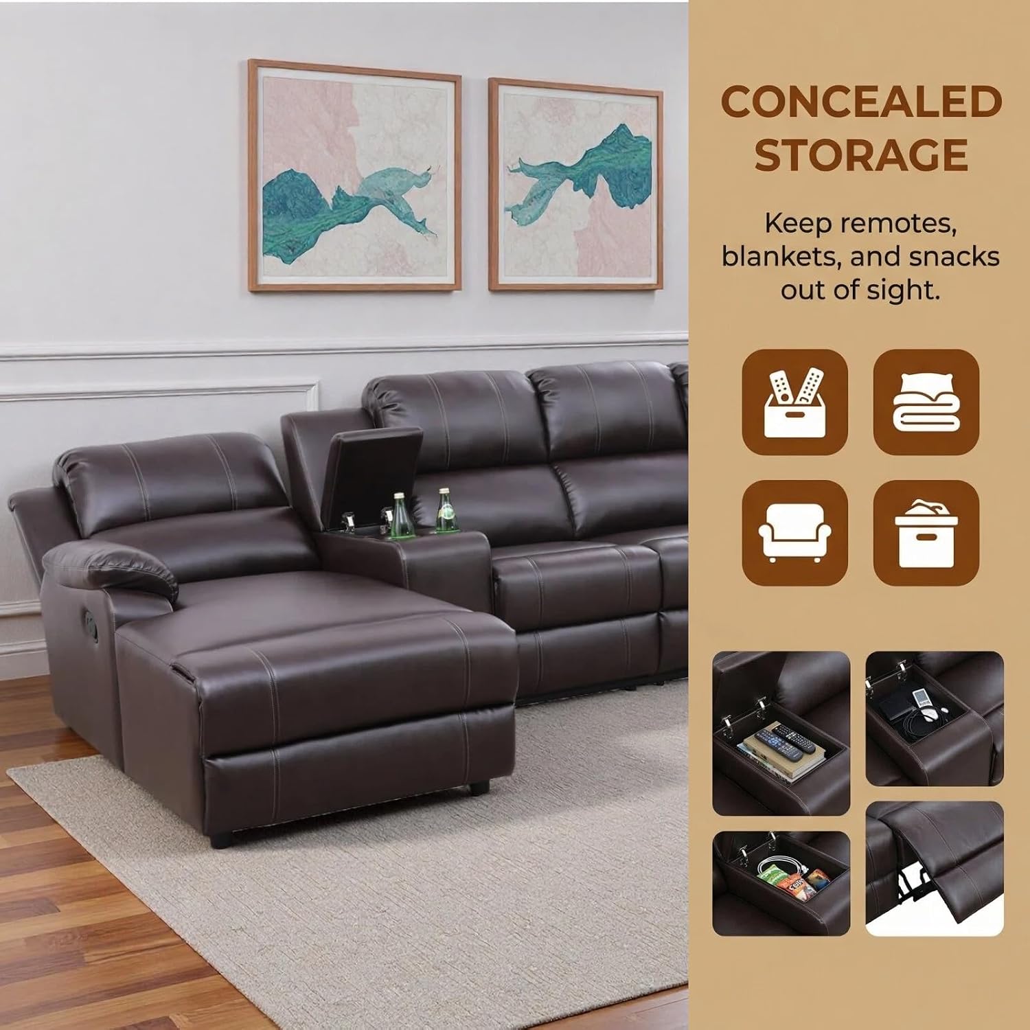 Recliner Sofa Set, Breathable Leather 3-Piece Reclining Couch Set, Living Room Furniture Set with Manual Recliners, Loveseat with Console, Cup Holders & Storage for Home Theater, Brown