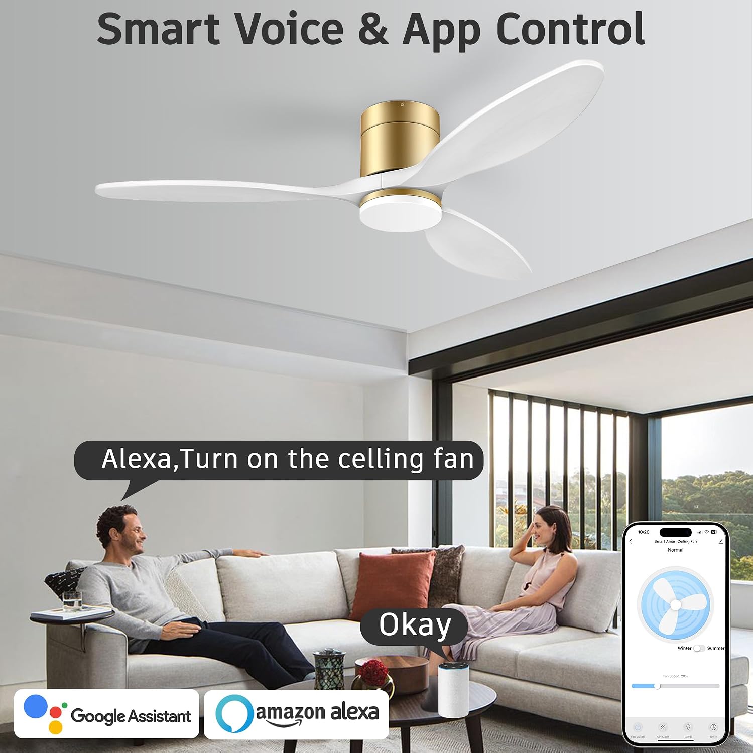 cumilo 52' Smart Ceiling Fans with Remote,Quiet DC Motor,Dimmable,Low Profile Outdoor Indoor Ceiling Fan,Compatible with Alexa Google Voice App,for Modern Flush Mount Bedroom Patio,Gold and White