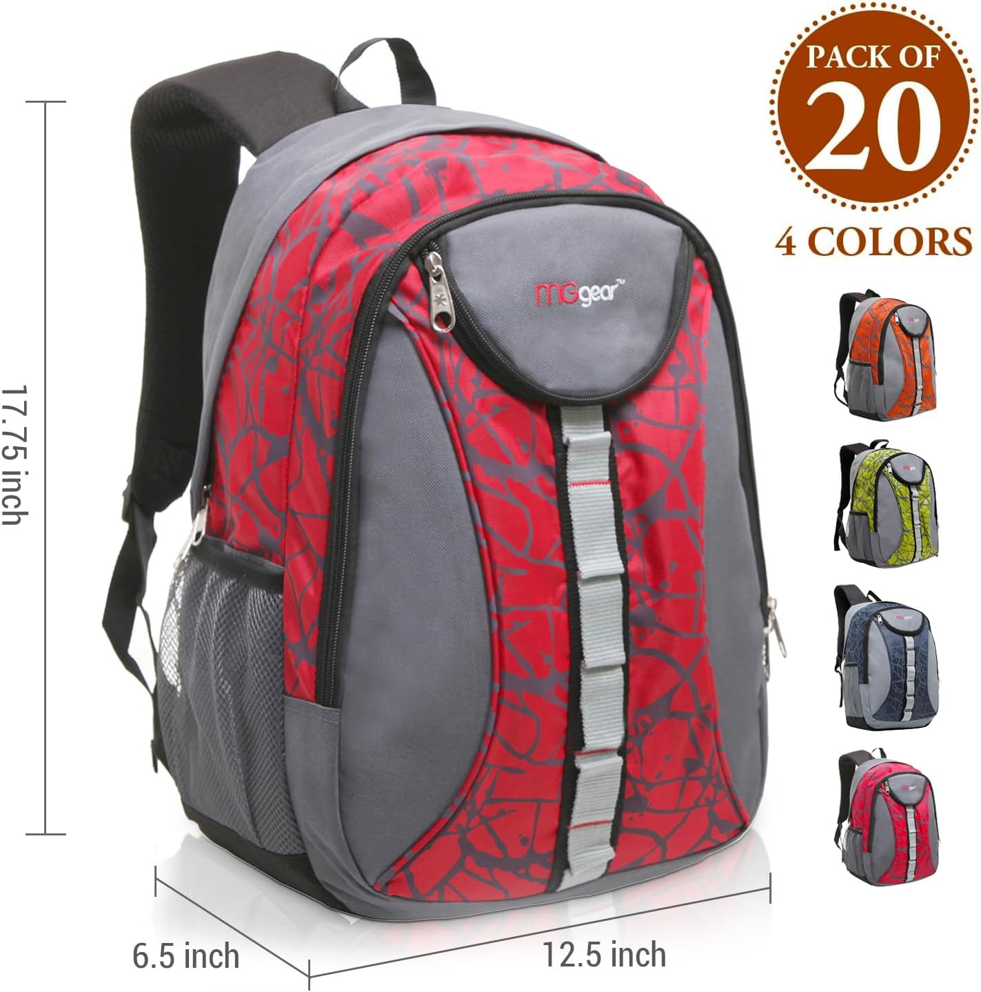 MGgear Bulk Pack of 20 Heavy Duty School Sports Travel Backpacks,18-Inch Bookbags for Boys & Girls, Wholesale Student Bags for School or Donation, Assorted Colors (Black, Red, Green, Navy Blue)
