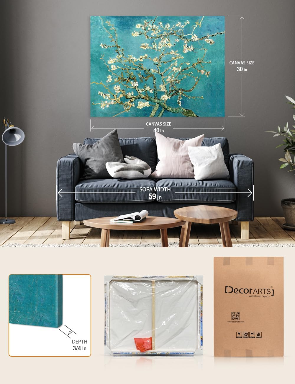 DECORARTS - Vincent Van Gogh Almond Blossom Tree Large Canvas Art Giclee Print Gallery Wrapped Wall Art For Living Room Decor 40x30, Made In USA