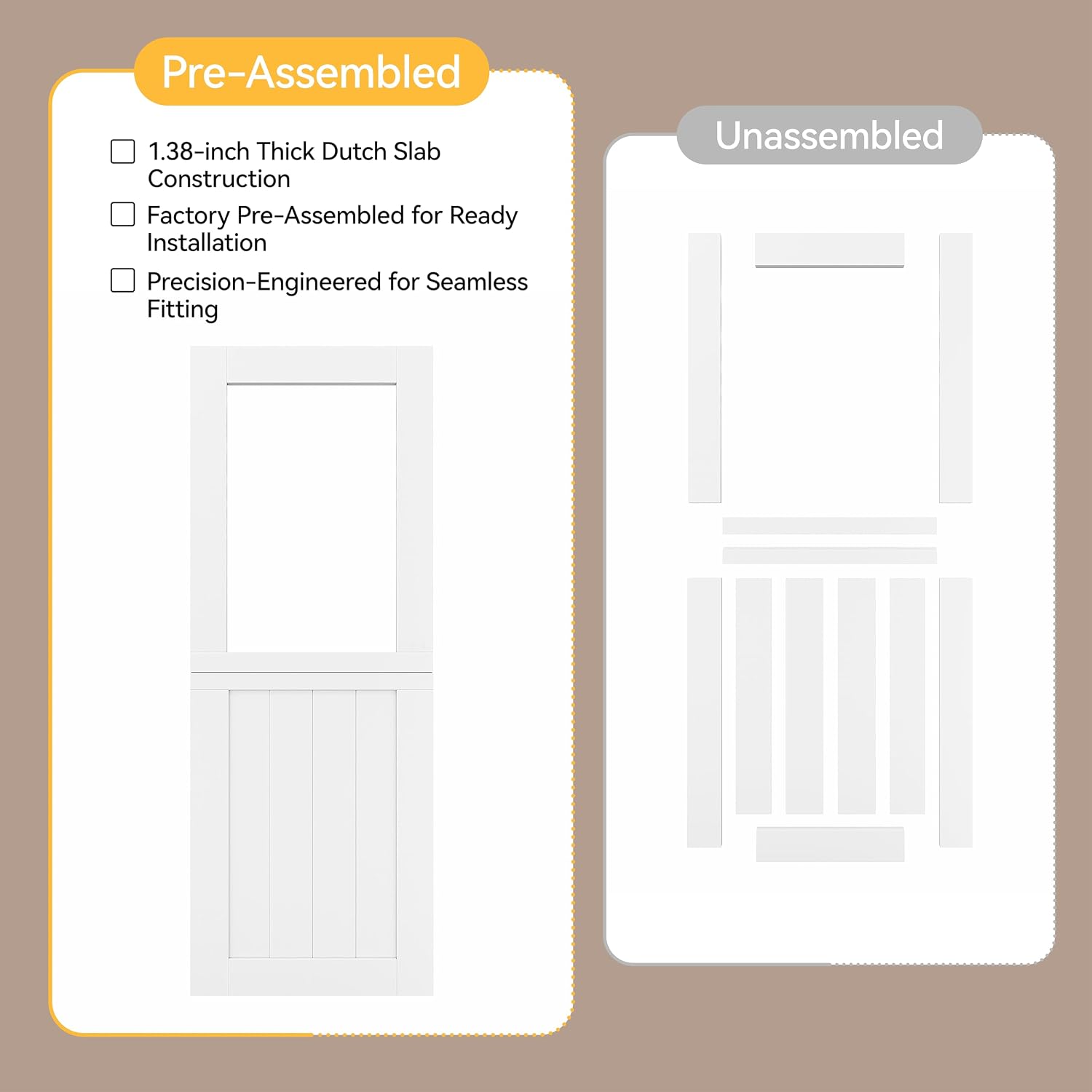 30'x 80' Pantry Door, Pre-Assembled Dutch Door Slab, French Interior White Solid Wood Core with Clear Glass Panel, 4 Hinges & Latch Included, Pocket Barn Doors for Living Room, Closet & Back Porch