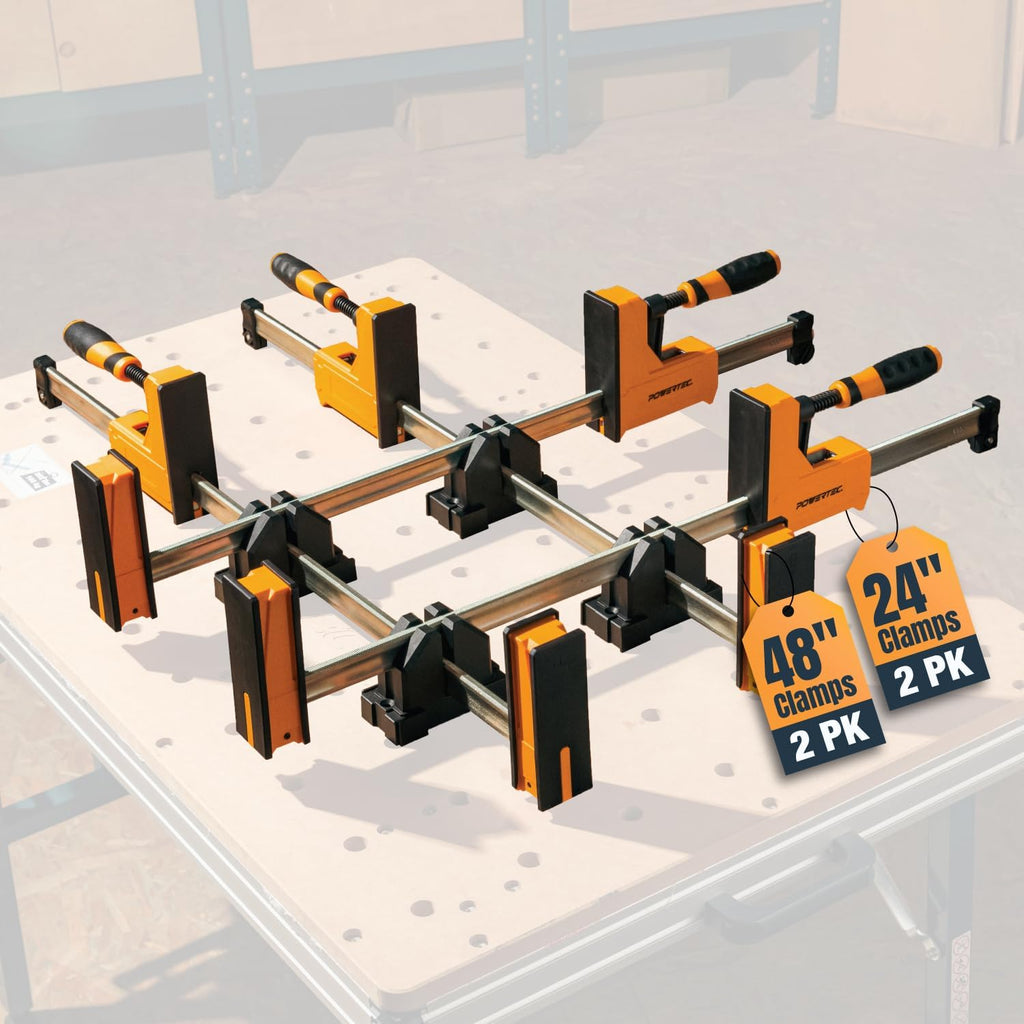 POWERTEC 72449 24' & 48' Woodworking Parallel Clamps Jaw Bar Clamp Spreader Tool, 2 of Each, with 4PK Parallel Clamp Blocks - for Cabinet Door & Frame Gluing