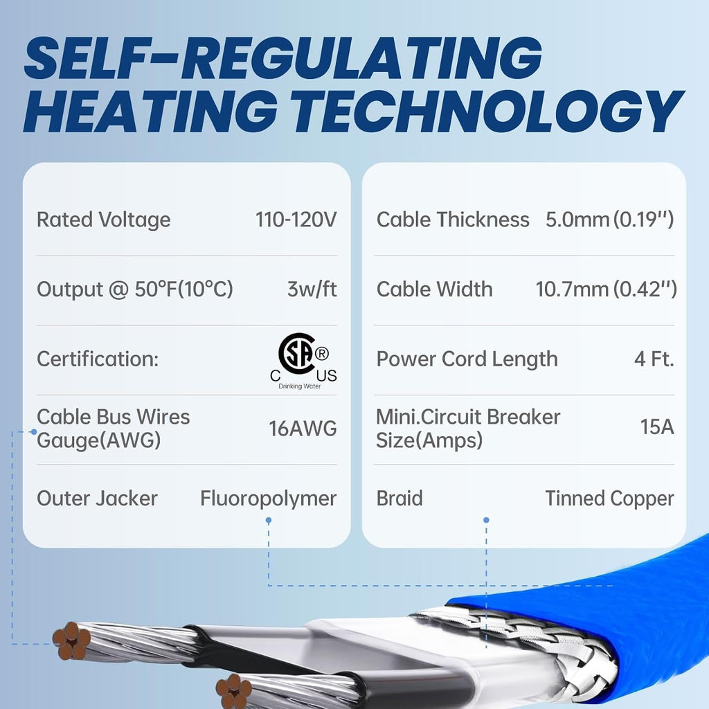 Upgrade In Pipe Heating Cable with Y-Fitting, CSA Certified Self-Regulating Heating Cable Inside Pipe for Easy Installation, 120V 15ft, YeloDeer Freeze Protection for Drinking Water Pipes