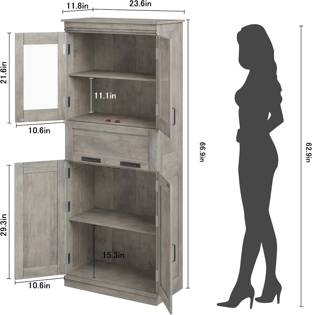 GarveeHome 67' Tall Bathroom Cabinet with 4 Doors & Flip Glass Drawer, Storage Cabinet with Adjustable Shelves, Freestanding Organizer for Kitchen, Living Room (Oak)