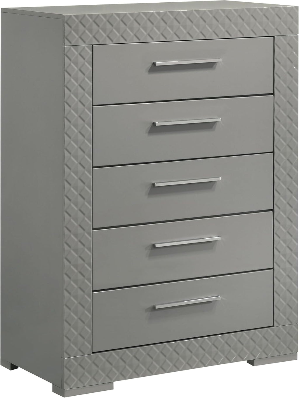 Coaster Home Furnishings - Ives - Wood - 5-Drawer Chest with 3-Dimensional Diamond Tile, Felt-Lined Top Drawer and Metal Glides - Contemporary - Bedroom - Grey High Gloss - 224975