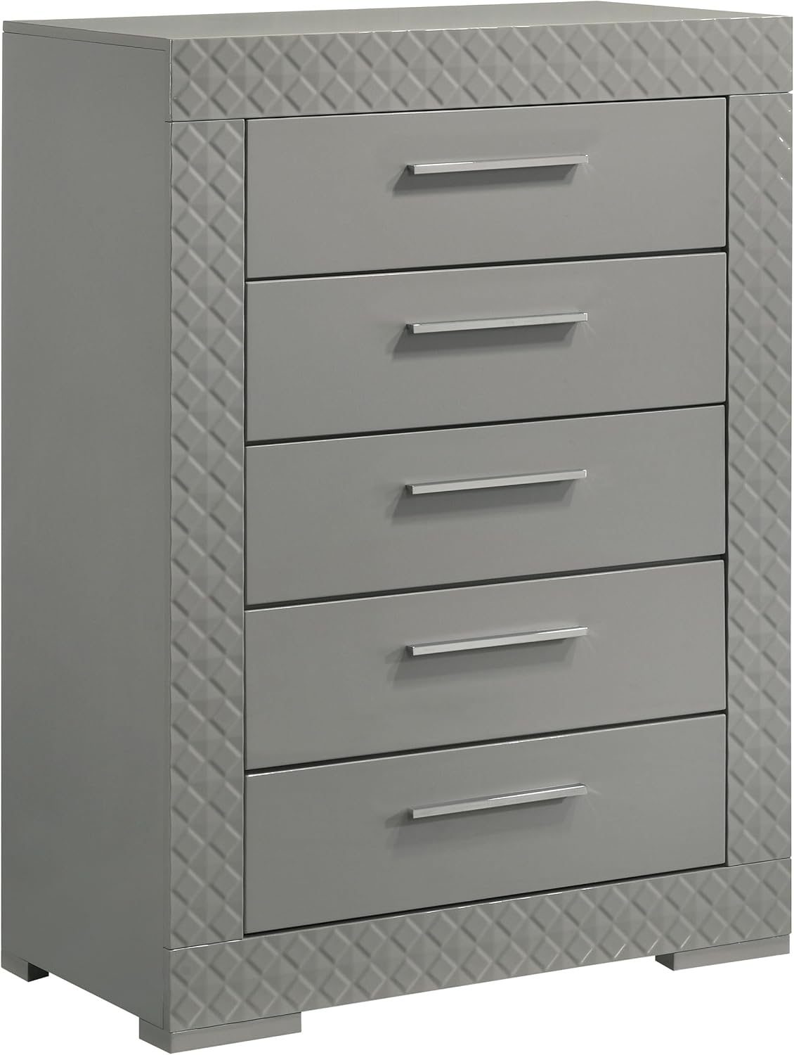 Coaster Home Furnishings - Ives - Wood - 5-Drawer Chest with 3-Dimensional Diamond Tile, Felt-Lined Top Drawer and Metal Glides - Contemporary - Bedroom - Grey High Gloss - 224975