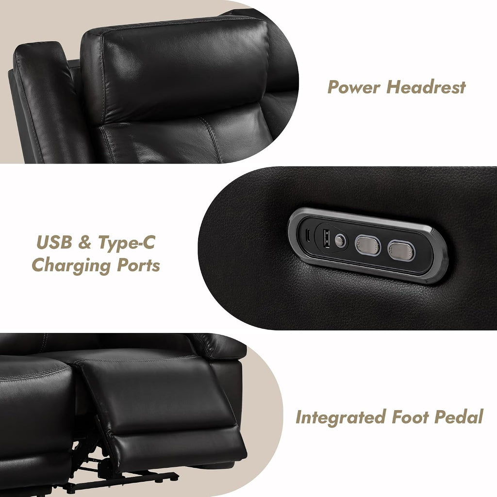 Watson & Whitely Genuine Leather Power Recliner Sofa, 3 Seater Wall Hugger Reclining Sofas with Power Headrest, USB & TypeC Ports, Electric Recliner Couch Set for Living Room, Black
