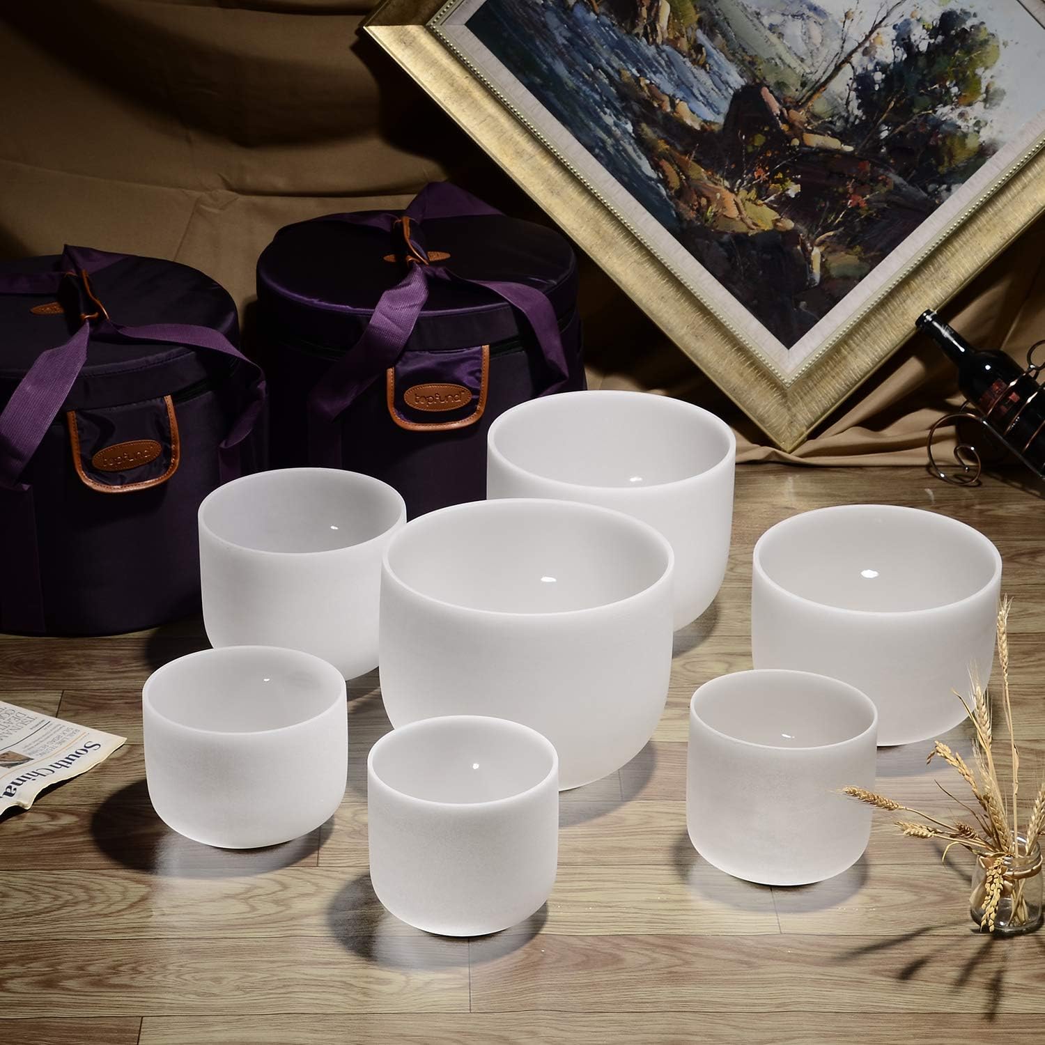 TOPFUND 7-12 inch 440 Hz Chakra Set of 7 Crystal Singing Bowls with Heavy Duty Carrying Cases and Singing Bowl Mallets