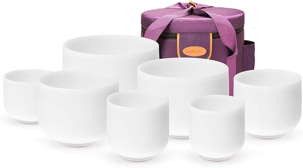 TOPFUND 6-14 inch 440Hz Chakra Set of 7 Crystal Singing Bowls with Heavy Duty Carrying Case and Singing Bowl Mallets