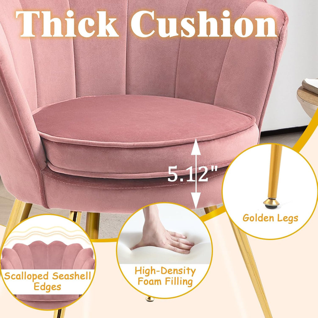 Czlolo Accent Chairs Set of 2 for Living Room, Velvet Upholstered Makeup Room Vanity Chair with Back, Golden Metal Legs Small Accent Side Chair for Bedroom, Cloud Chair Set, 2 Pcs Pink