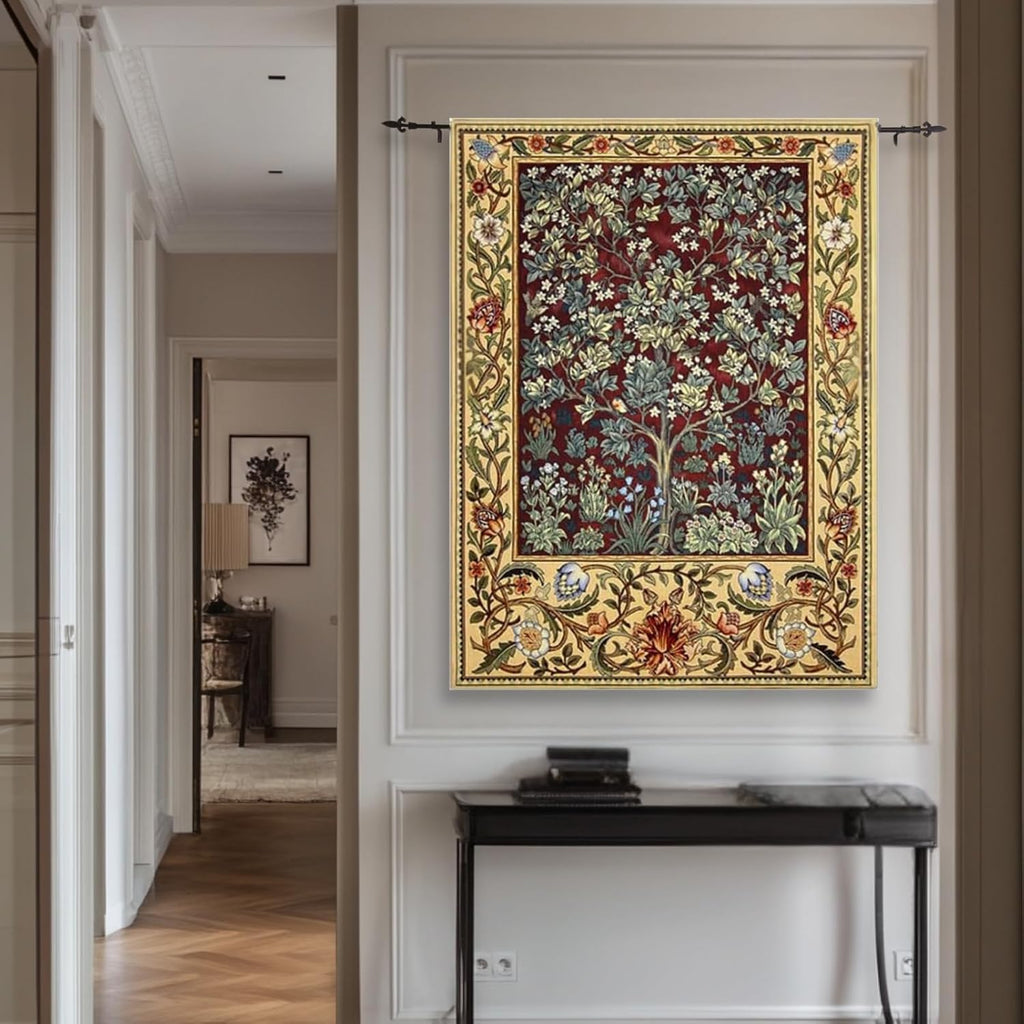 ORIMONY William Morris Tree of Life Tapestry Wall Hanging, Medieval Vintage Woven Jacquard Tapestry for Room Aesthetic (Retro, Red, 35L x 27W)
