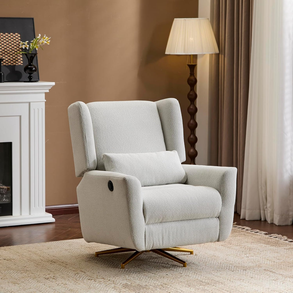 Christopher Knight Home Dolia Fabric Upholstered 360° Swivel Chair, Push-Back Power Recliner Chair, Iron Recliner Sofa with Rotation, Living Room Lounge Sofa, Adjustable Backrest, Gold + Light Grey