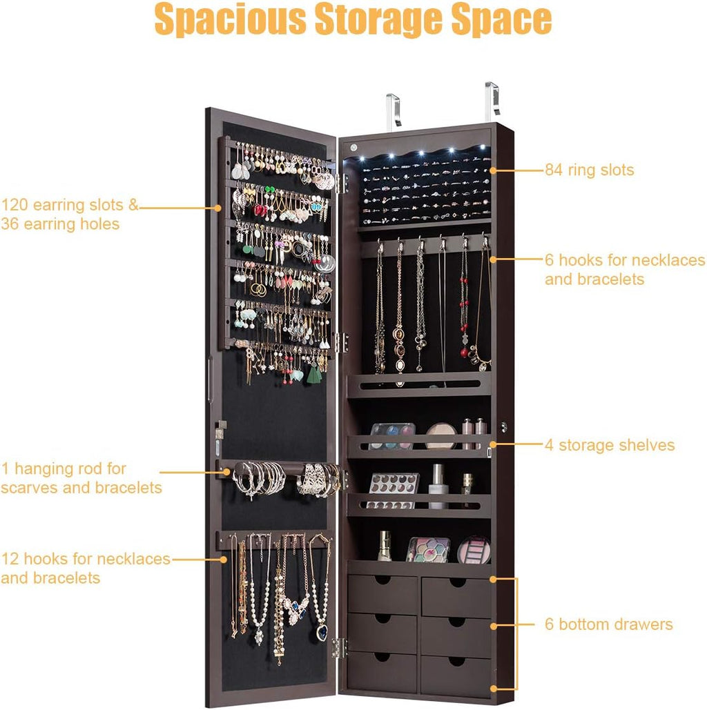 Giantex Wall Door Mounted Jewelry Cabinet with Full Length Mirror, Lockable Over Door Jewelry Armoire with LED Lights, 47.5' Large Jewelry Storage Organizer with 6 Drawers, Espresso