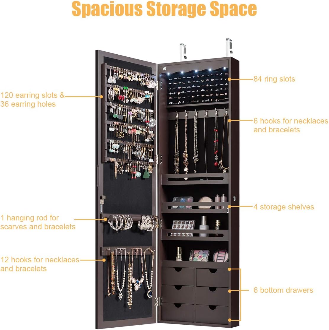 Giantex Wall Door Mounted Jewelry Cabinet with Full Length Mirror, Lockable Over Door Jewelry Armoire with LED Lights, 47.5' Large Jewelry Storage Organizer with 6 Drawers, Espresso