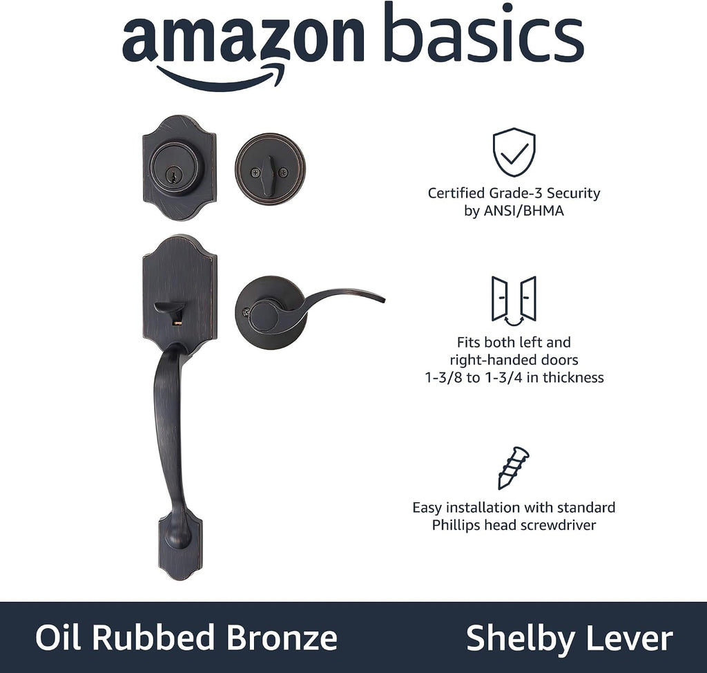 Amazon Basics Front Door Lock Set, Handleset with Shelby Lever, Level Door Handle, Exterior, Single Cylinder Packs, Oil Bronze, 6-Pack