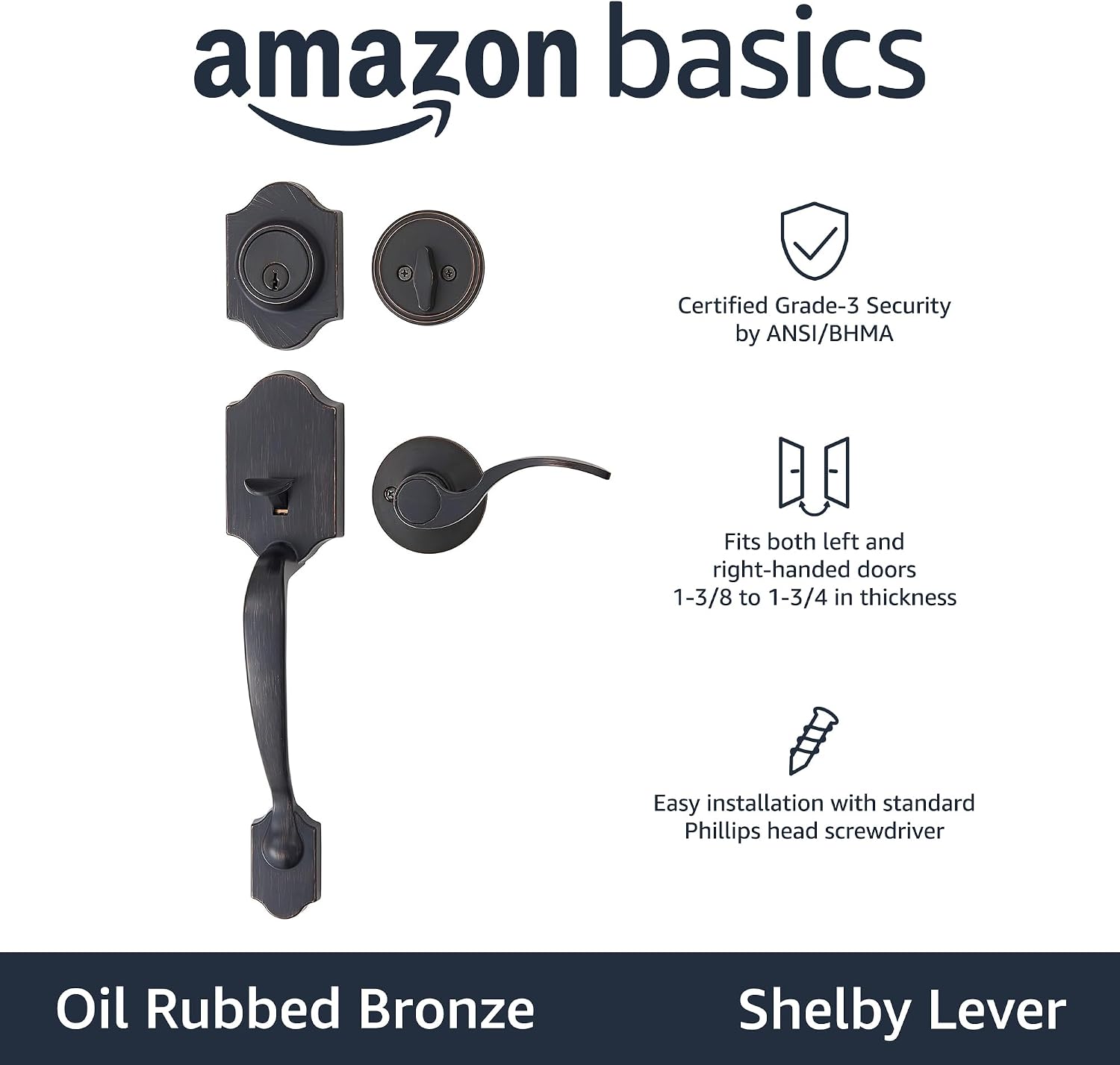 Amazon Basics Front Door Lock Set, Handleset with Shelby Lever, Level Door Handle, Exterior, Single Cylinder Packs, Oil Bronze, 6-Pack