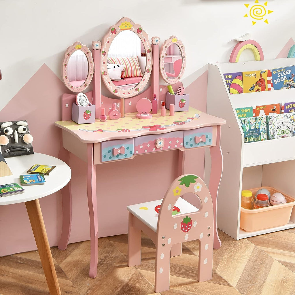 HONEY JOY Kids Vanity, Strawberry Princess Wooden Makeup Dressing Table & Chair Set w/Real Glass Tri-Fold Oval Mirror & Accessories, Detachable Top, Pretend Play Vanity Set for Little Girls(Pink)